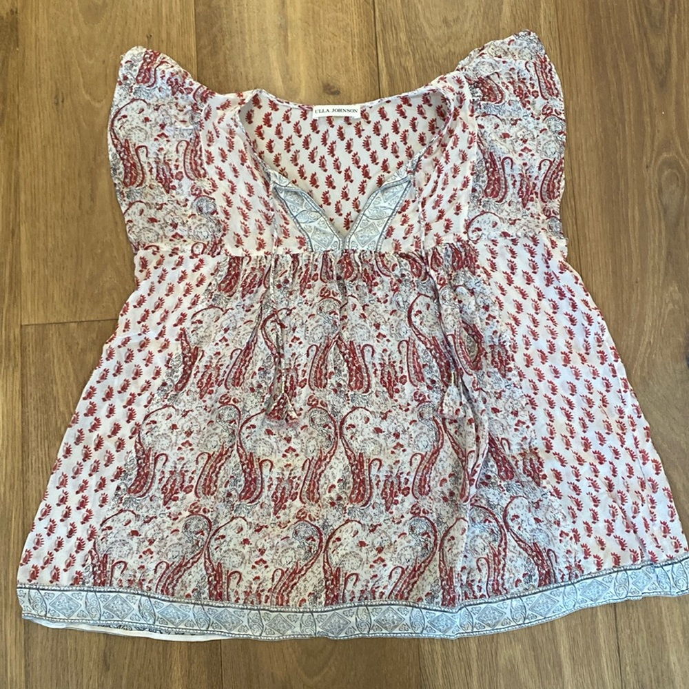 Flowy summer blouse with red and white pattern accent tassels lightly worn